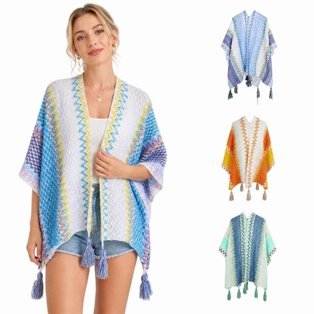 Ethnic Fashion Wear For Women - 레트로 스트라이프 패턴 니트 판초 케이프
