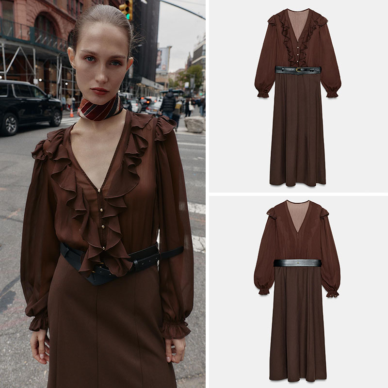 Ethnic Fashion Wear For Women - 우아한 V넥 롱 슬리브 미디 드레스,
