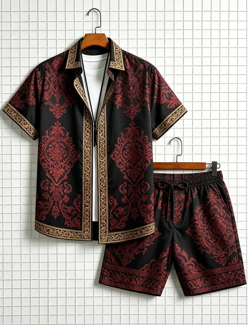 Ethnic Style - 남성 에스닉 프린트 반팔 셔츠와 반바지