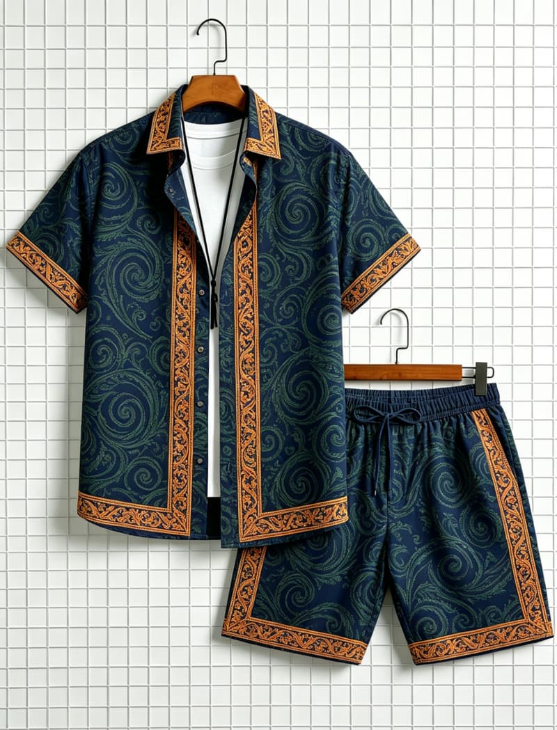 남성 에스닉 프린트 반팔 셔츠와 반바지 세트, 산뜻하고 - Ethnic Style 리뷰 및 가격