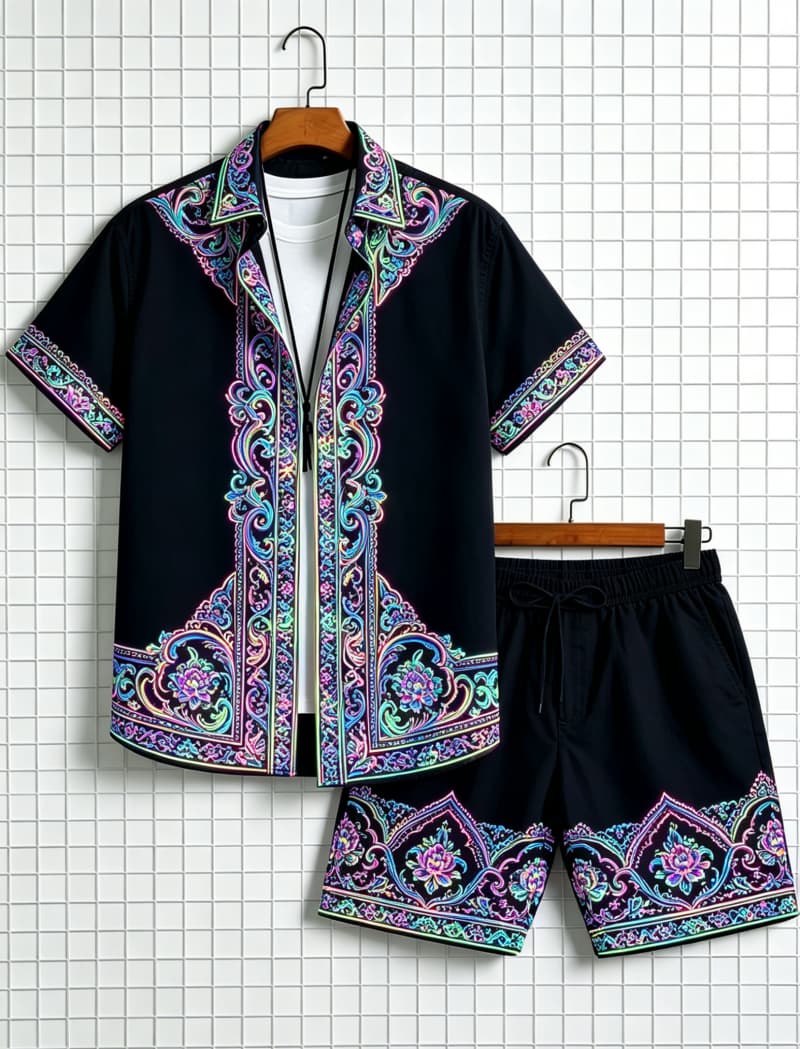 남성 에스닉 프린트 반팔 셔츠와 반바지 세트, 산뜻하고 - Ethnic Style 리뷰 및 가격